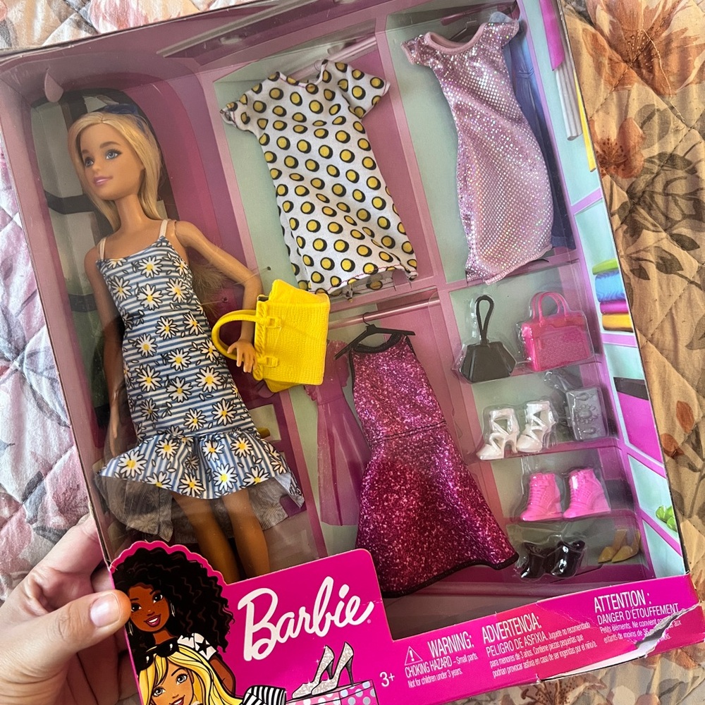 Barbie Fashion Doll with Dresses and Accessories - Pink, Yellow, Black